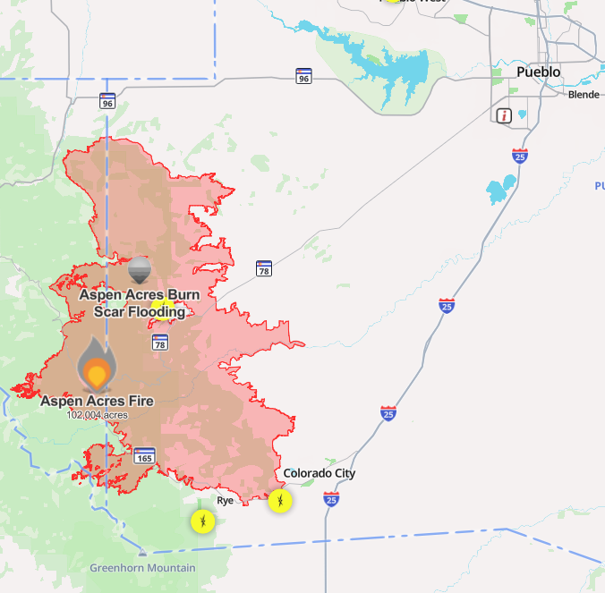 Map of the Aspen Acres Fire perimeter across Pueblo and Custer counties in southern Colorado, covering 102,004 acres near Rye, Colorado City and Pueblo.